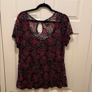 Ashley Stewart Red and Black Floral Lace Blouse